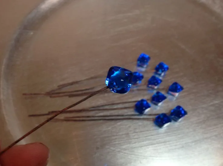 Set of 10 Transparent Aqua Crystal Shaped Headpins, original archive photograph of handmade glasswork by Ann Wierbinski
