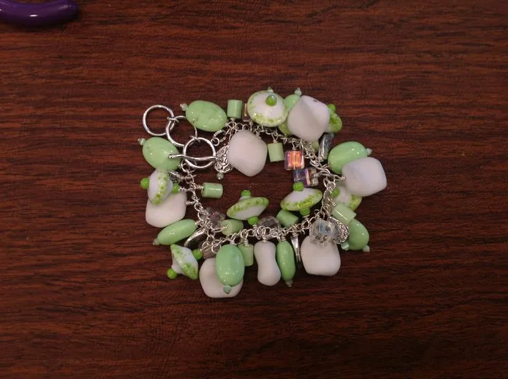 Pea Green Dangle Bracelet, original archive photograph of handmade glasswork by Ann Wierbinski