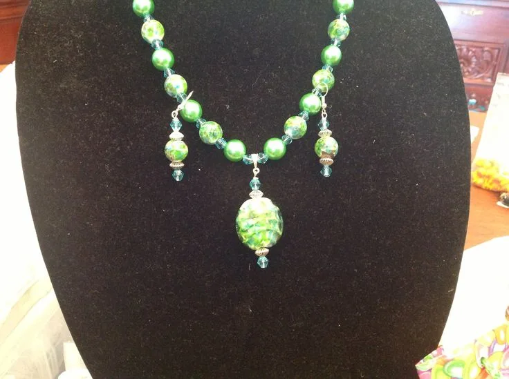 Spring Green Necklace and Earring Set, original archive photograph of handmade glasswork by Ann Wierbinski