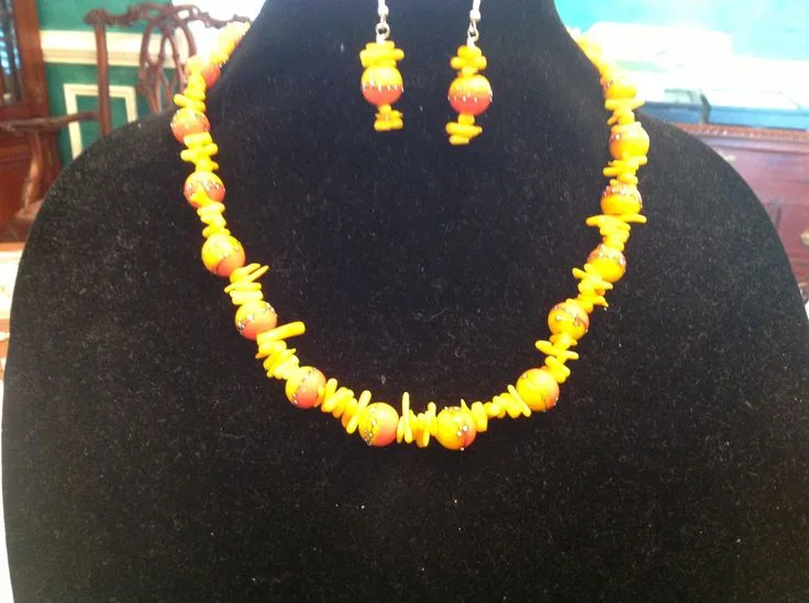Coral and Yellow Necklace and Earring Set, original archive photograph of handmade glasswork by Ann Wierbinski