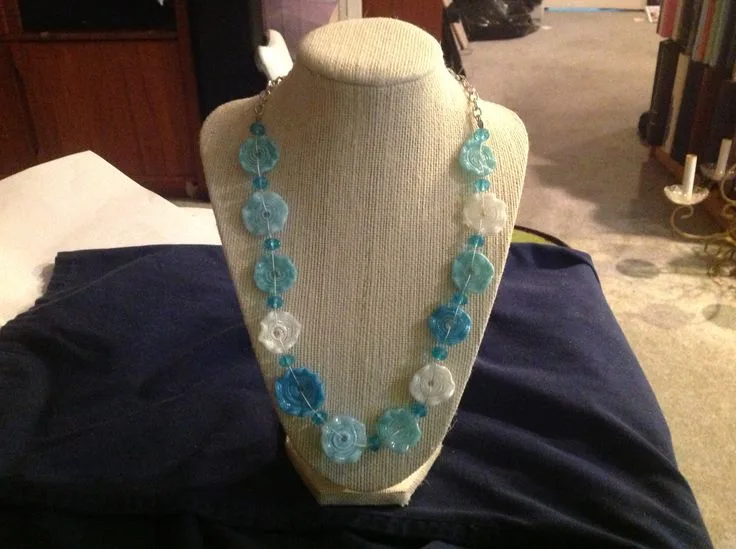 Floral Blue Disk Necklace, original archive photograph of handmade glasswork by Ann Wierbinski