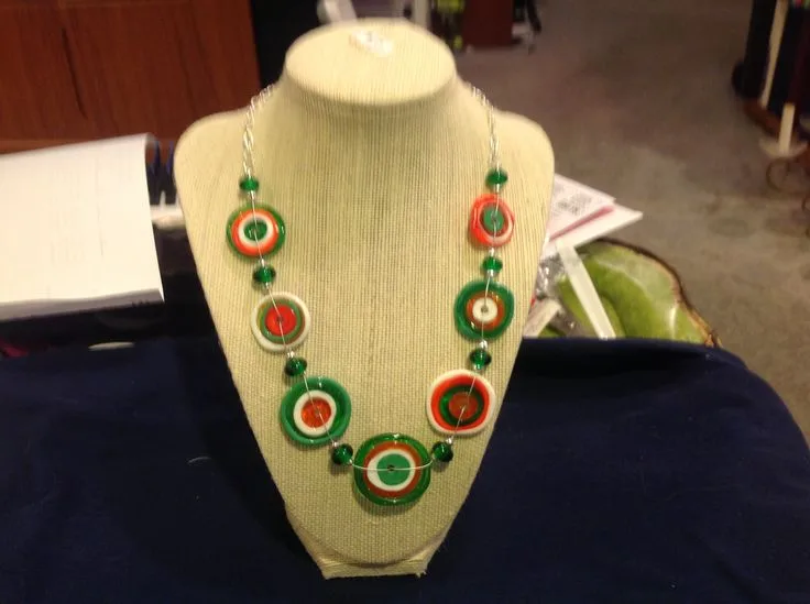 Irish Flag Disk Necklace, original archive photograph of handmade glasswork by Ann Wierbinski