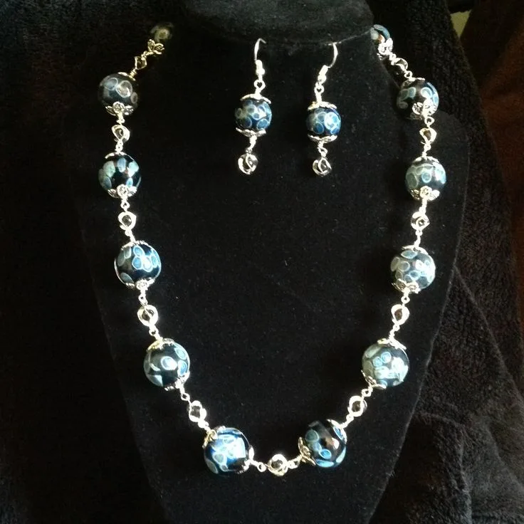 Silver Black and Blue Necklace and Earring Set, original archive photograph of handmade glasswork by Ann Wierbinski