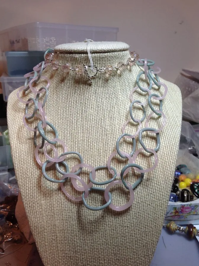 Pale Pink and Green Extra Long Double Strand with Crystals Boro Chain-Link Necklace, original archive photograph of handmade glasswork by Ann Wierbinski