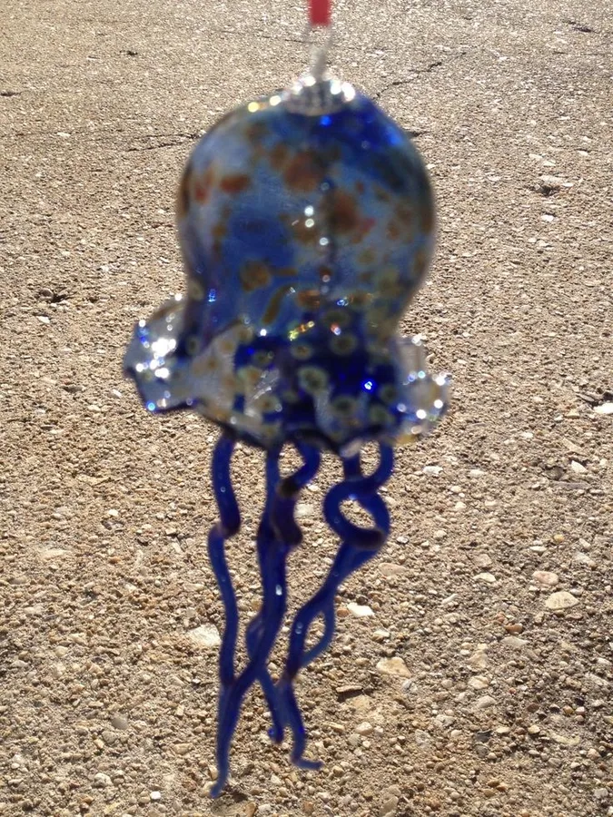Transparent Cobalt Blue Large Jellyfish Sun Catcher, original archive photograph of handmade glasswork by Ann Wierbinski