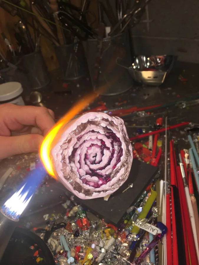 Purple Rose Cane Study, original archive photograph of handmade glasswork by Ann Wierbinski
