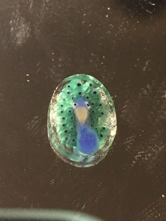 Tiny Peacock, original archive photograph of handmade glasswork by Ann Wierbinski